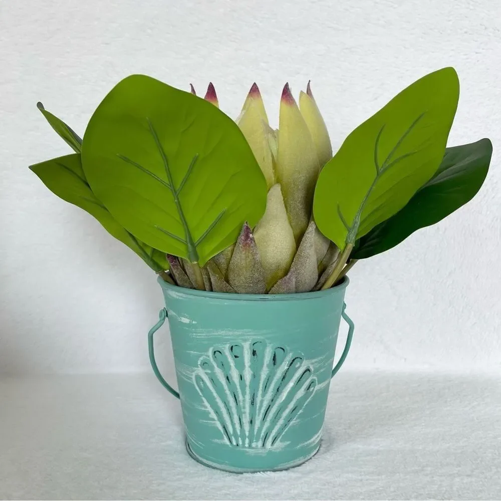Handmade Artificial Protea in Seashell Bucket Floral Arrangement